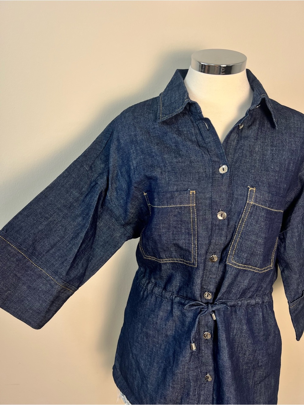 Zara Denim Button Front Blouse Drawstring Waist Cotton Linen Blend Size S NWT - Picture 3 of 10